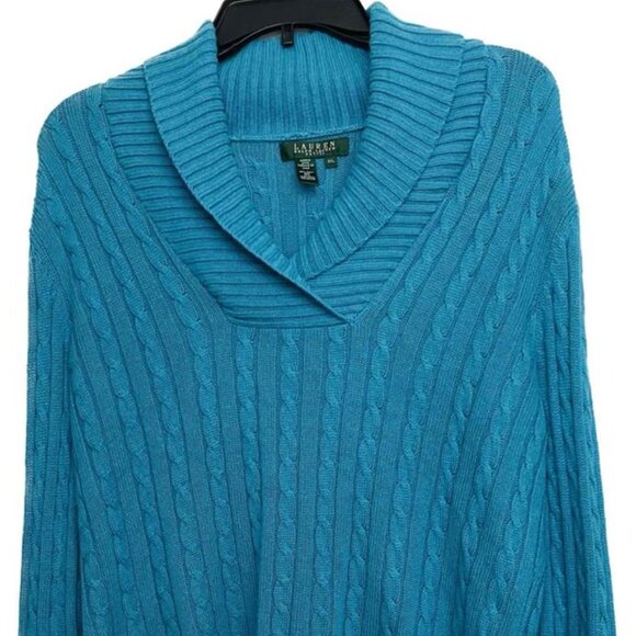 Lauren Ralph Lauren Silk & Cashmere Turquoise Cable & Channel Stitch Sweater - Picture 1 of 6